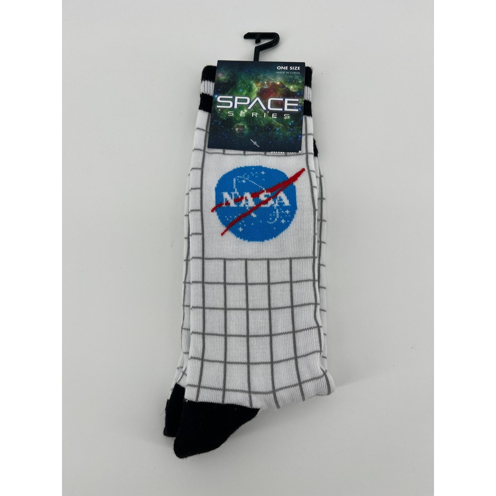 NASA Space Series Crew Socks Adult 7-12 White Gray Logo Grid NWT Official